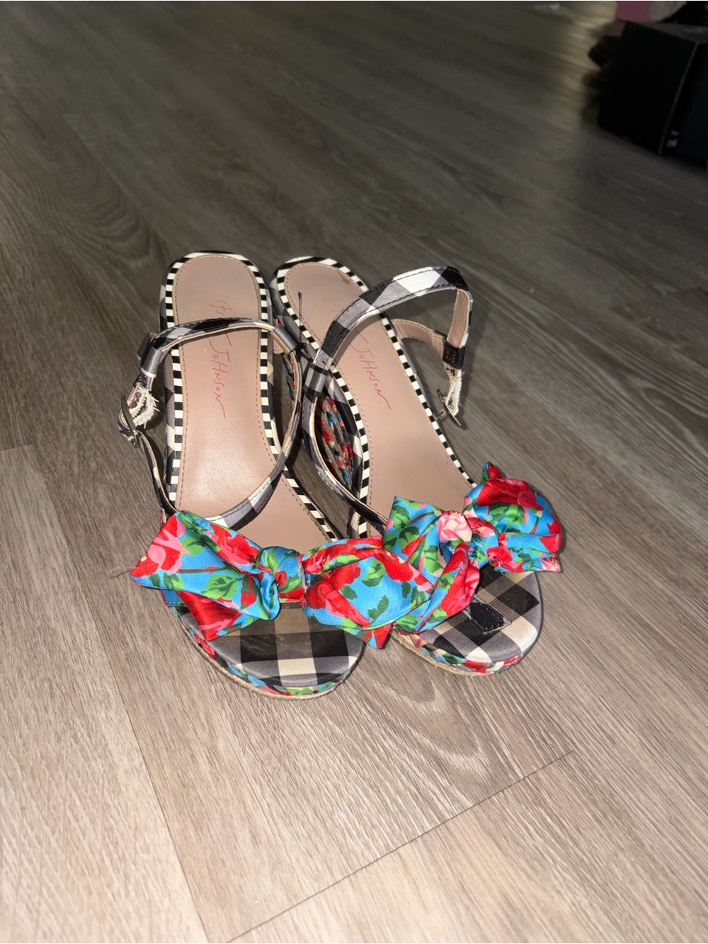Betsey Johnson Black Plaid Wedges with Pink and Blue Floral Bows